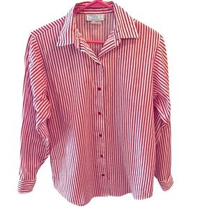 Vintage Red & White Striped Button Up Long Sleeve Blouse by Try 1. Size = Medium
